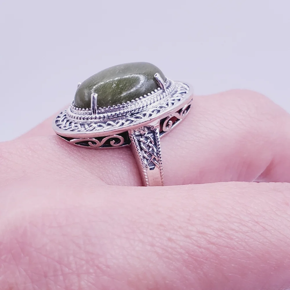 7 Carat Connemara Green Marble 925 Sterling Silver Statement Ring